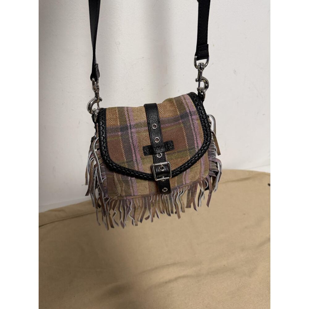 AIMEE Crossbody Bag Womens Small Brown Plaid Wool Leather Fringe Buckle Boho